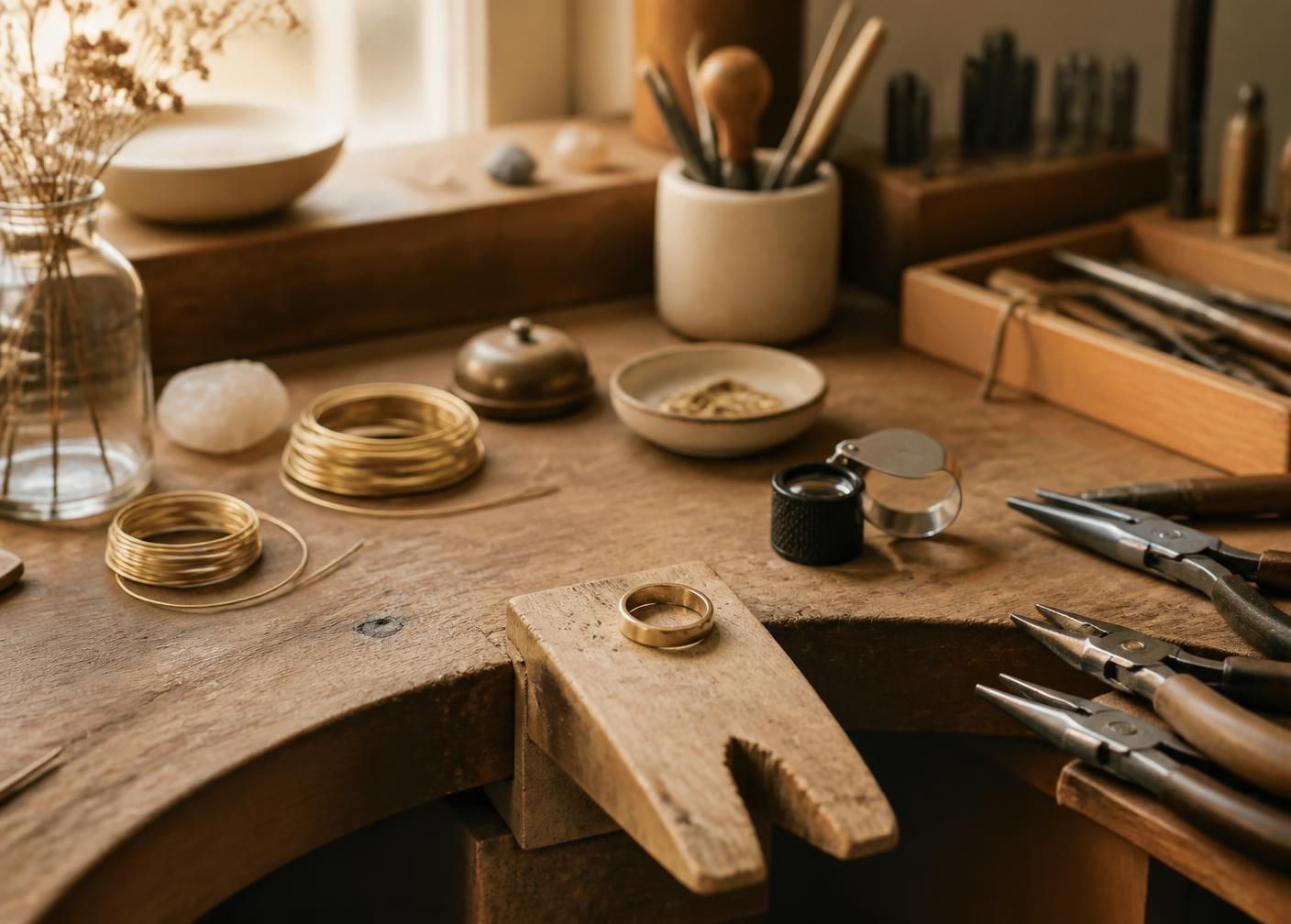 A jeweller's wooden workbench with hand tools, gold wire and an unfinished ring